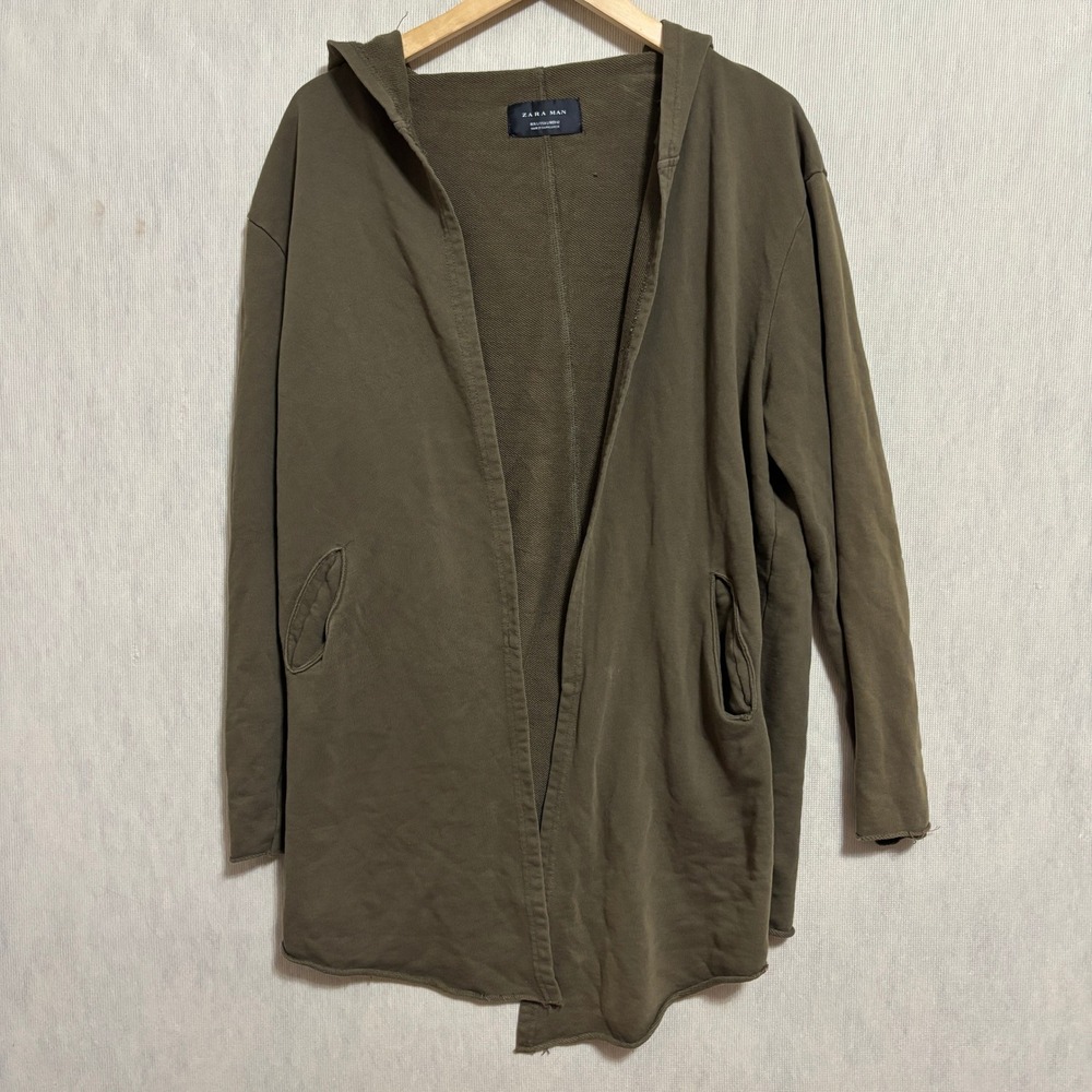 Zara Man Hooded Cardigan Sweatshirt Olive Green Streetwear Minimalist Raw Hem L